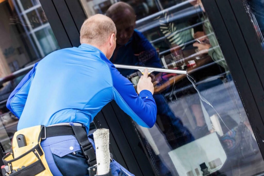A person wearing a blue shirt and work belt uses a squeegee to clean a large glass window, with their reflection visible.