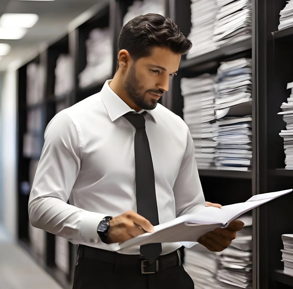 Man examining documents with calculator