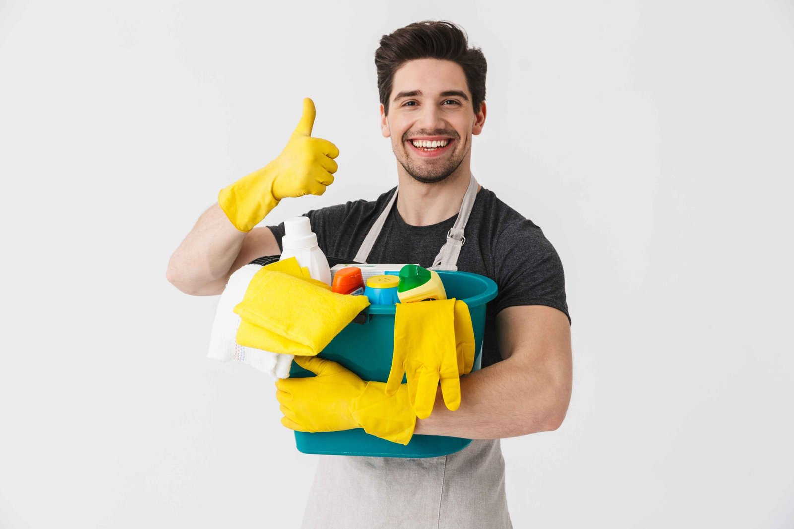 Cleaner Holding Bucket of cleaning items