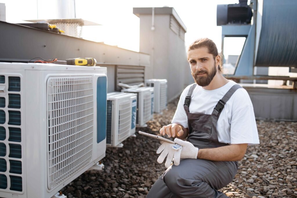 HVAC Outdoor Unit Worker with tab checking