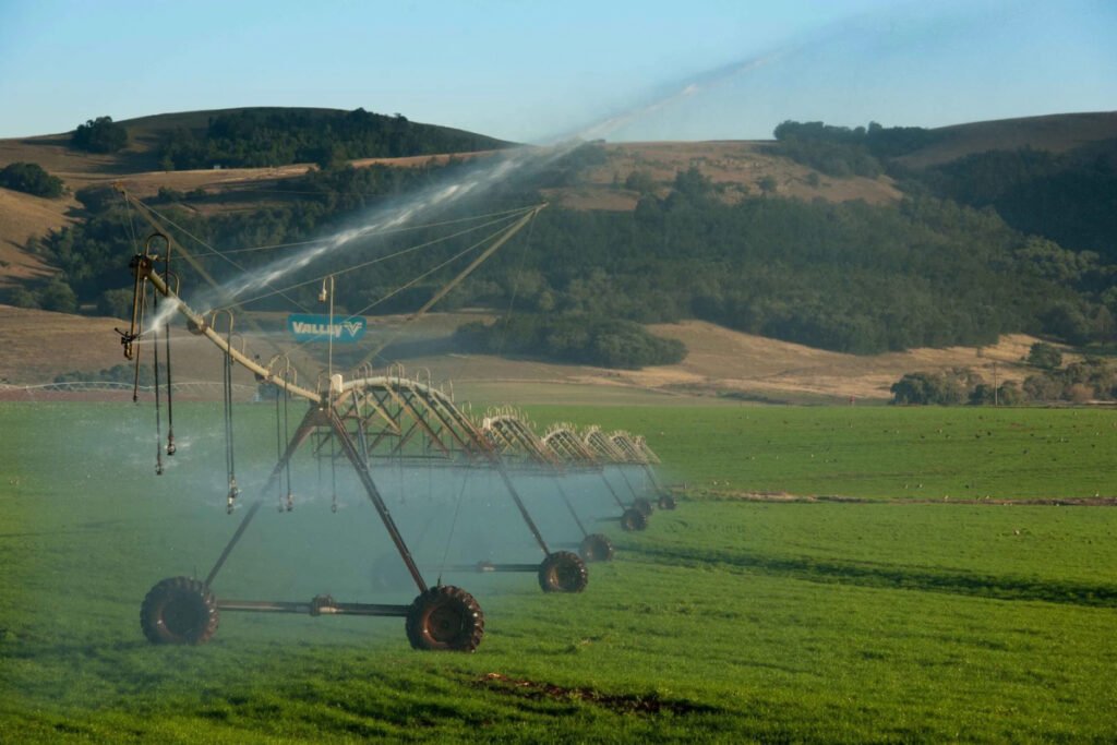 A center-pivot irrigation system waters a green field.