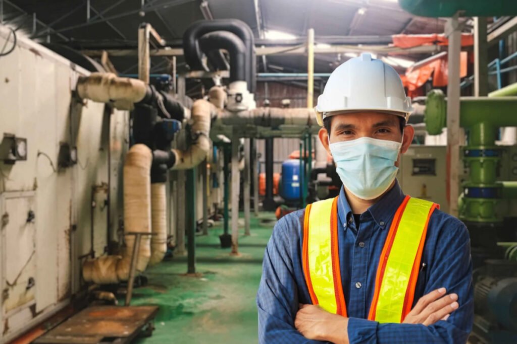Factory worker wearing a hard hat and mask