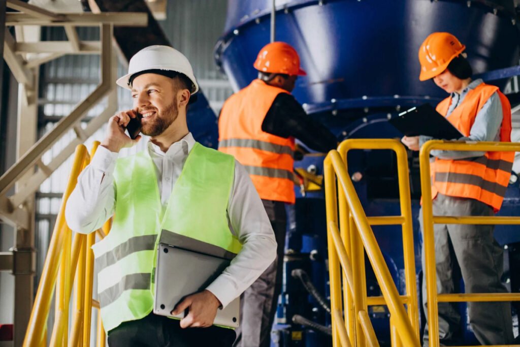 Engineer on phone at industrial site
