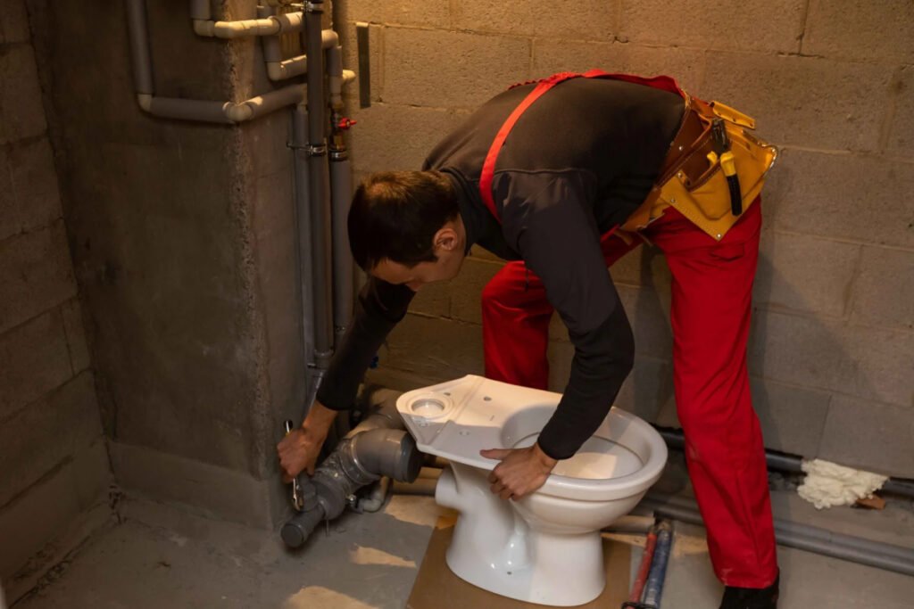 Plumber adjusting the toilet seat plumbing services