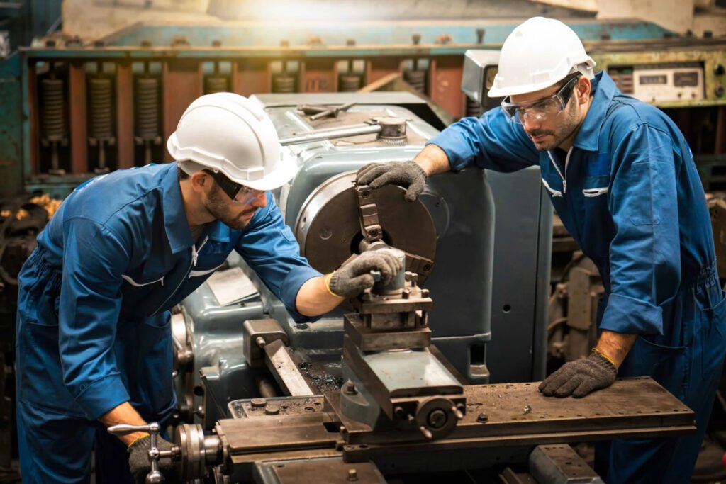 Two workers operating machinery in a factory