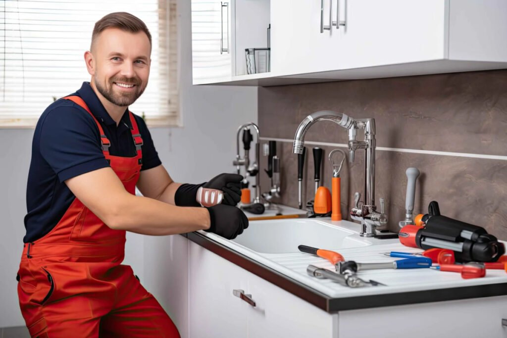 plumber smiling at a kitchen sink