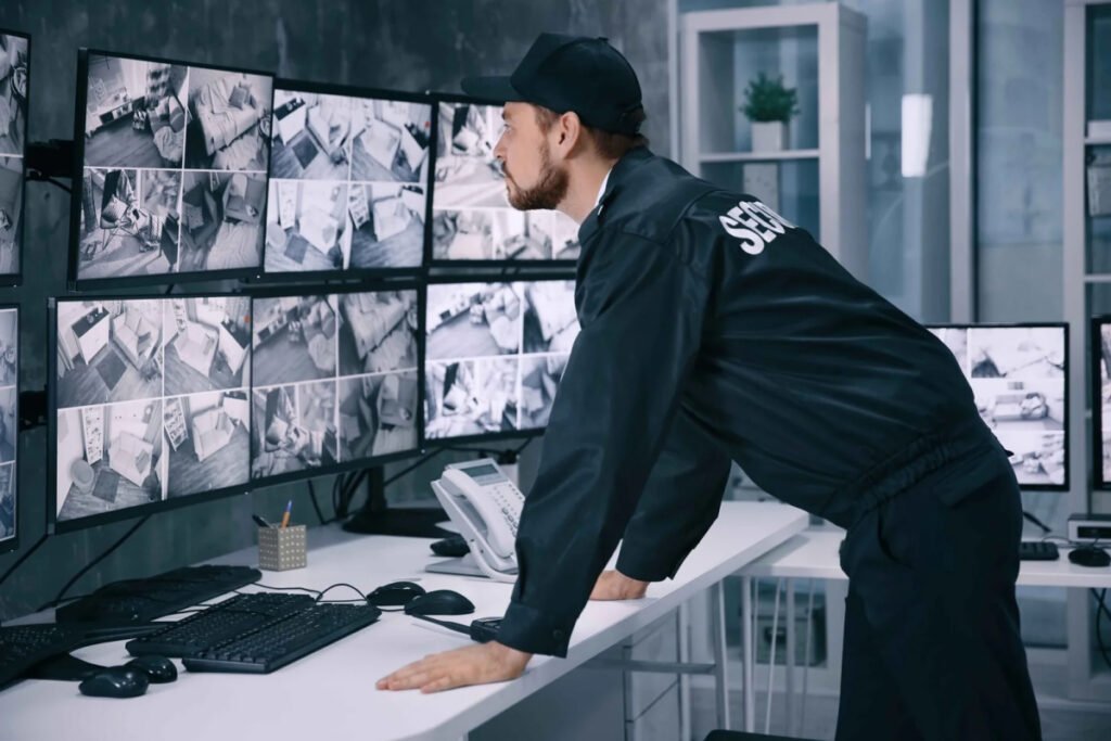 male security guard working surveillance room