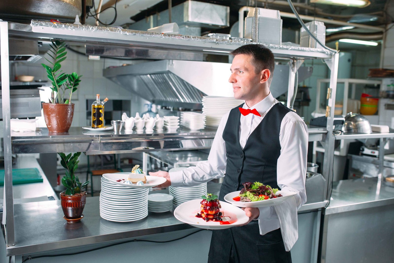 waiter serving duty carries dishes