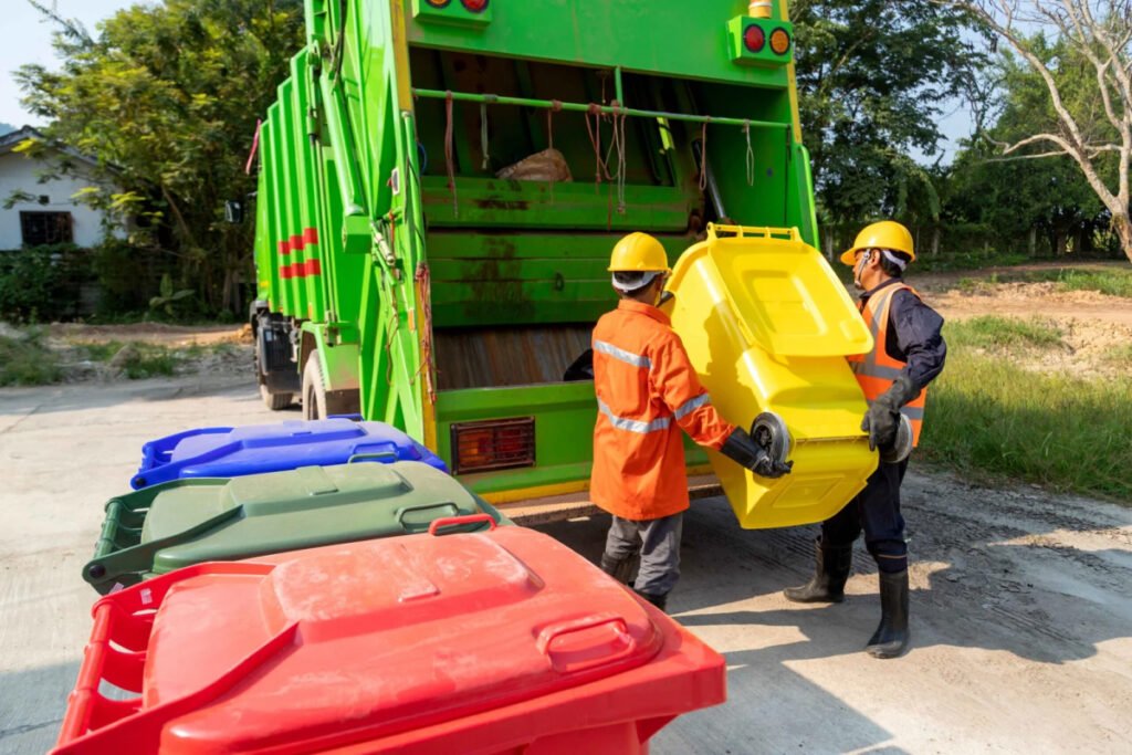 waste disposal workers loading waste on truck