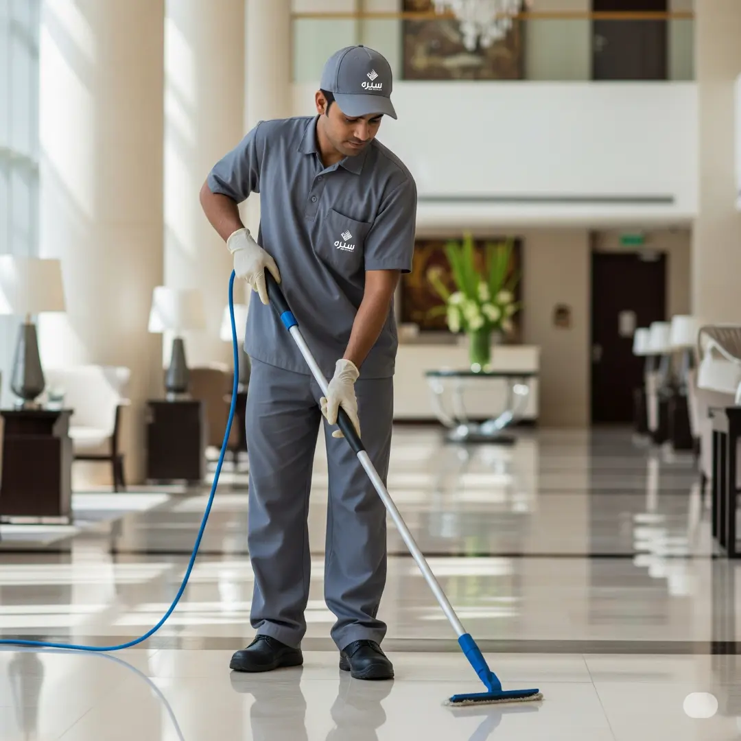 Seerah manpower staff vacuuming carpeted area inside modern facility in, Saudi Arabia.