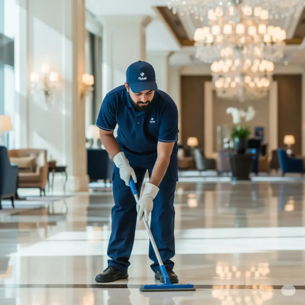 Professional Seerah staff cleaning luxury facility floor in Saudi Arabia