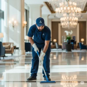 Professional Seerah staff cleaning luxury facility floor in Saudi Arabia